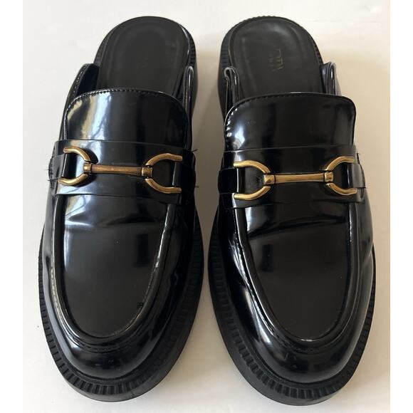 Zara Open Back Loafers Women 40 Black Chunky Platform Metal Buckle - Picture 1 of 6